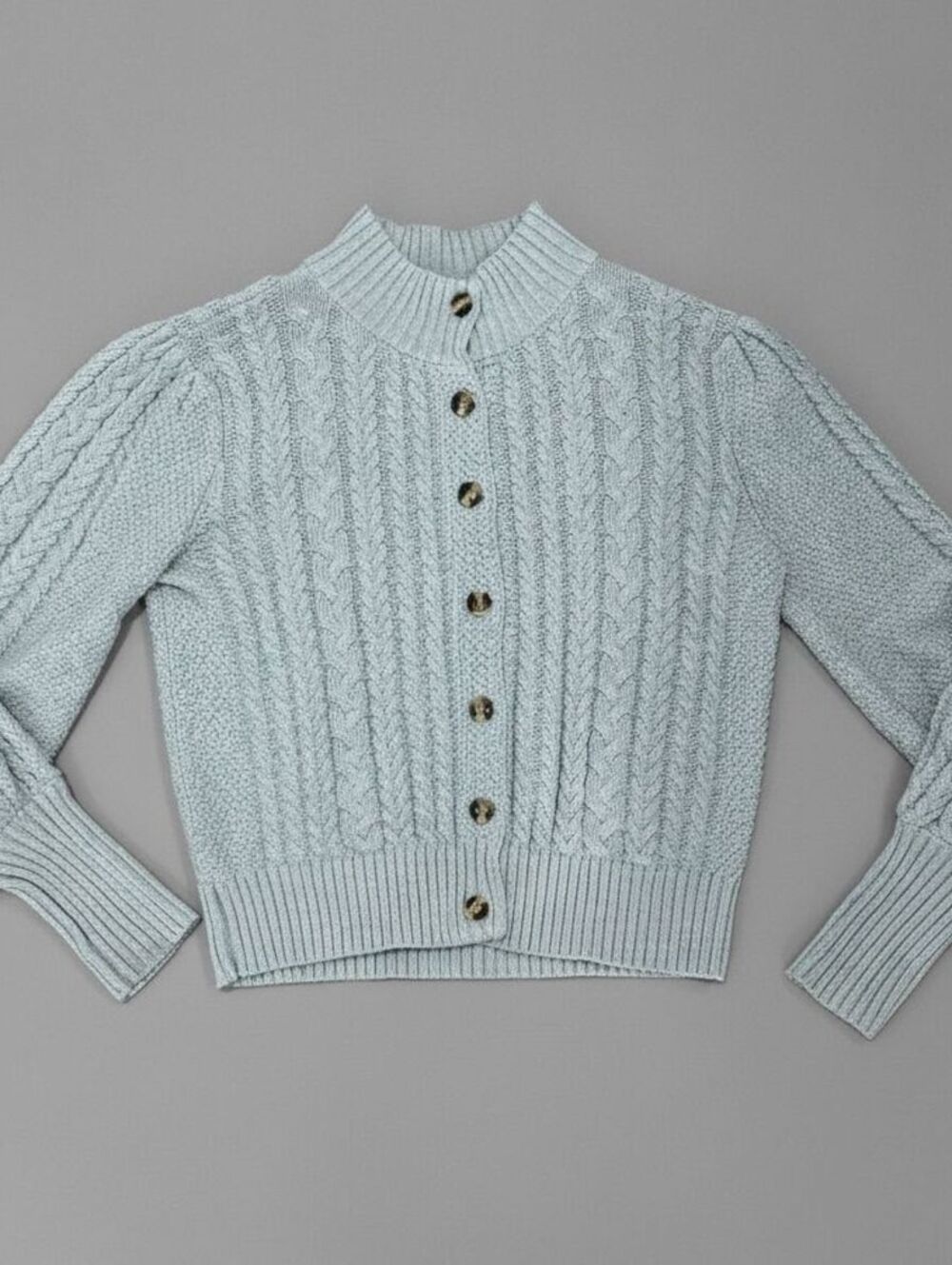 Hope & Henry Organic Cotton Cable Knit Cardigan Gray Preppy Cottage Fisherman